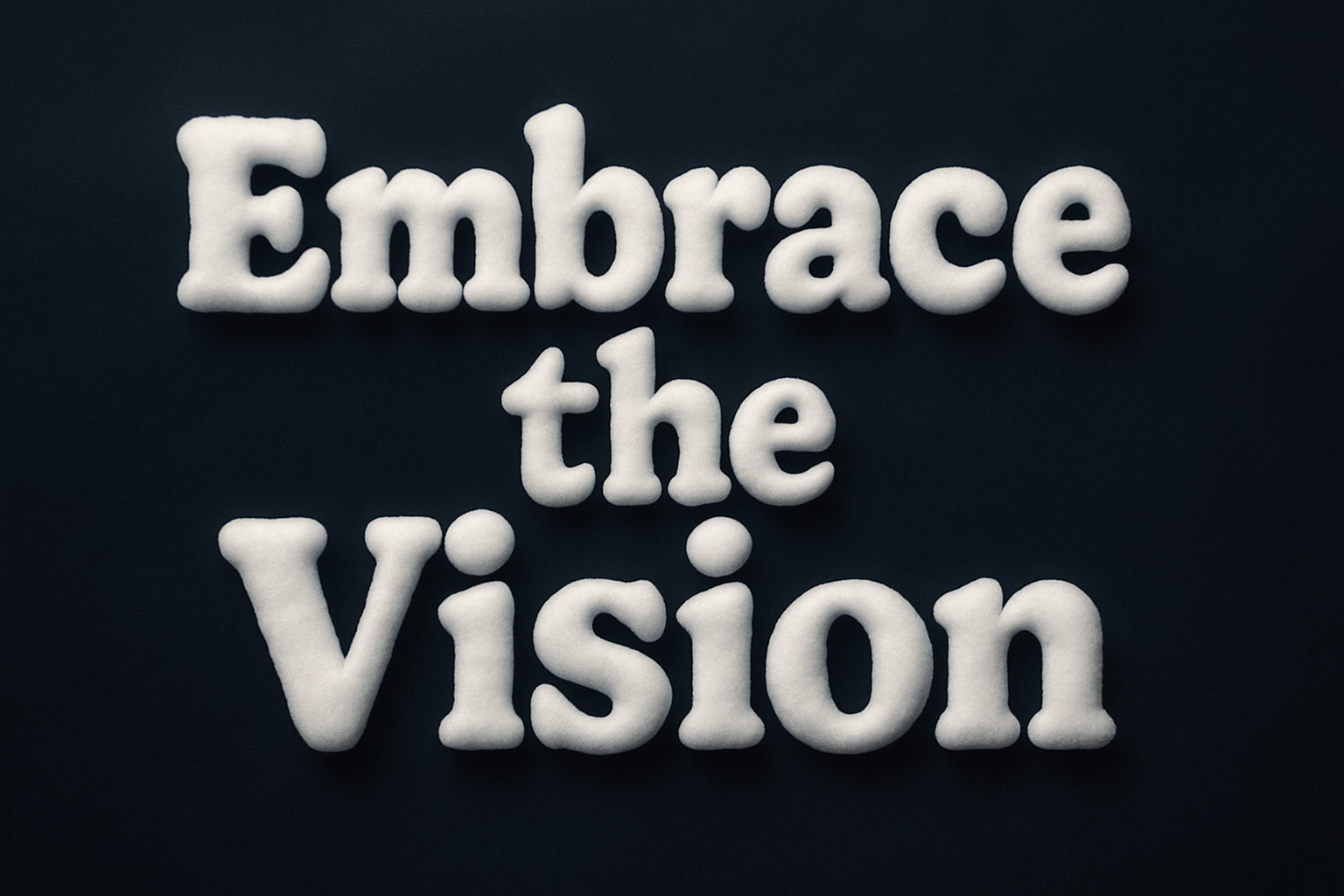 Create a banner with a slogan saying Embrace the Vision in drak tones with white puffy writing